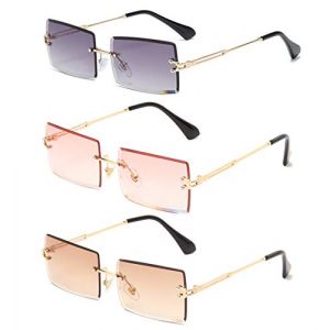 Long Keeper Lunettes de Soleil Rectangulaires sans Monture UV400 Lunettes Carrées sans Cadre Anti-éblouissement pour Les Femmes (Gris Clair+Marron+Rose) (LongKeeper, neuf)