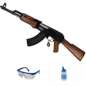 Ecommur. Cyma CM022W AK-47 Wood | Pistolet &eacute;lectrique &agrave; Billes d'airsoft 6 mm + Lunettes de Protection + Bouteille de 1000 Billes 0,20. [Puissance : 0,5 Joule] (ECOMMUR FRANCE, neuf)