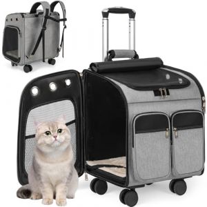 OUUTMEE Avec chariot 2 en 1 jusqu'à 20 kg, grand sac de transport pour chat avec roulettes, sac à dos multifonctionnel, respirant, gris (OUUTMEE, neuf)