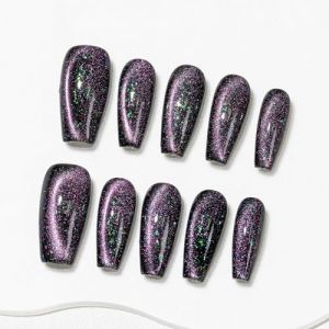 Sun&Beam Nails Ongles artificiels faits main Moyen Coffin Ballerine &agrave; coller en Noir Violet Vert Aimant Couleur unie Minimaliste design avec autocollants &ndash; 10 pi&egrave;ces (#255 M) (Sun&Beam FR, neuf)