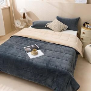 OKYUK Parure de lit en velours de luxe pour tr&egrave;s grand lit, couvre-lit matelass&eacute; surdimensionn&eacute;, avec 2 taies d'oreiller assorties (gris fonc&eacute; avec beige, 229 x 269 cm) (YRC-EU, neuf)