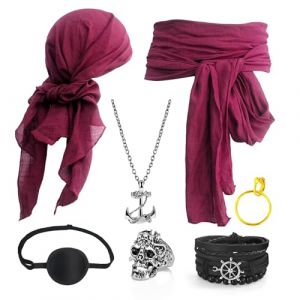 7 Pcs Accessoires Deguisement Pirate Homme Femme, Pirates Bandana Ceinture Cache Oeil Pirate Boucles d'Oreilles Collier Bracelet Bague, Costume Pirates Accessoires pour Adulte Halloween Carnaval (JINGMINGHE, neuf)