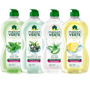 Maison Verte &ndash; Lot de 4 Liquides Vaisselle &Eacute;cologiques &ndash; Aloe Vera, Eucalyptus & Th&eacute; Vert, Fleur de Citronnier, Thym & Basilic &ndash; Doux pour les Mains &ndash; Parfums Naturels (PENNGUIN-FR, neuf)