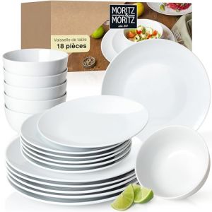 Moritz & Moritz BASIC 18 pcs. Service de Table 6 Personnes Moderne - en Porcelaine de Haute Qualit&eacute; en Blanc Classique - Compos&eacute; de 6x Assiettes &agrave; Diner, 6x Assiettes &agrave; Dessert & 6x Bols (ILP GmbH, neuf)