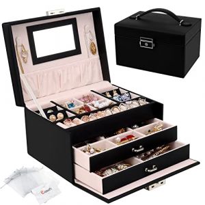 Casiwaft Boîte à Bijoux, Coffret à Bijoux avec Miroir et 2 Tiroirs, Rangement Bijoux Coffret Bijoux Verrouillable de Voyage à 3 Couches, Organisateur de Bijoux pour Colliers, Bagues, Noir (WEFLAIR, neuf)