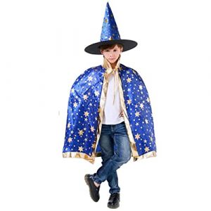 YANGWEN Cape de Sorcier d'halloween,Cape du Magicien,Cape de Sorcier avec Chapeau,Accessoires de d&eacute;guisement d'halloween pour la f&ecirc;te de Cosplay pour Enfants (Bleu) (ZEXINMAO, neuf)