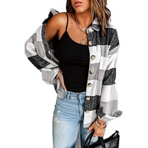 HVEPUO Veste chemise &agrave; carreaux Shacket &agrave; manches longues Chemisier Manteau en flanelle, b-gris, L (HVEPUO1, neuf)