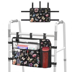 MoKo Sac pour d&eacute;ambulateur, panier pour d&eacute;ambulateur avec support pour gobelet d'eau, accessoires pour personnes &acirc;g&eacute;es avec poches multiples et compartiment &agrave; fermeture &eacute;clair, Noir & Papillon (KnoWhite, neuf)
