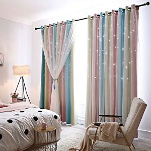 Lanqinglv 2 Panneaux Rideaux Occultant Étoiles Rose Bleu Jaune Rideaux avec Voilages Double Rideaux Décoration du Maison Chambre Enfants Filles,Thermique et Intimité (L 132 x H 243 cm) (Lanqinglv, neuf)