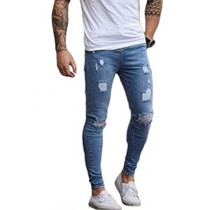 Osheoiso Jean Trou&eacute; Homme Mode Skinny Slim Fit Pantalon Denim Styles D&eacute;chir&eacute; Sport Trousers avec Fermeture &Eacute;clair Casual Pants Trekking Outdoor Cargo Vintage D Bleu Clair L (yuyingshanghang, neuf)