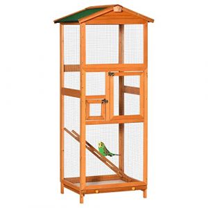 PawHut Cage à Oiseaux Grande Taille en Bois Massif, volière avec Toit en Asphalte, 2 Portes et tiroir Amovible, 68 x 63 x 165 cm, Orange (Aosom FR, neuf)