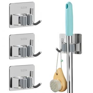Wefaly Accroche Balai Mural avec Crochet, 3 Pcs Inoxydable Porte Balais Mural Accroche Balai Mur al Sans Percer Auto-Adhésif Support Balais Mu ral pour Cuisine Garage Jardin Salle de Bain (Argent) (HaJieQin, neuf)