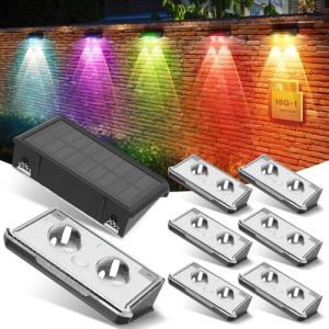 UNBON Applique Solaire Exterieur, Applique Murale Extérieur Solaire 8 Modes IP65 Étanche Lampe Solaire Exterieur Murale Lumière Solaire Extérieure pour Clôture Jardin 8PCS Multicolore Blanc Chaud/RGB (Yuguo FR, neuf)