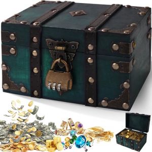 Otauoaea Coffre Tr&eacute;sor Vintage en Bois, Boite avec Cadenas Pirate, Coffre fort Enfant Bois a Code Bo&icirc;te &agrave; Bijoux avec Couvercle Pour Enfant Tirelire pour Stockage, D&eacute;coration(Vert) (Versatile official, neuf)