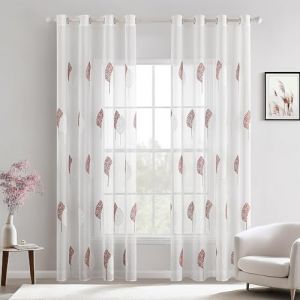 MIULEE Rideaux Voilage avec Beau Motif de Feuilles Rose Foncé et Blanc, Intérieurs Rideau Voile Brodé a Oeillets Largeur 140 CM Hauteur 225, Transparent Voilage Fenetre Design Moderne Chambre Salon (MIULEE HOME, neuf)