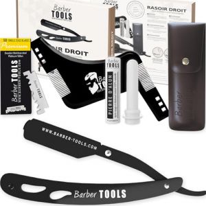 Kit de rasage - Rasoir barbe - Rasoir homme - coupe choux barbe - avec 50 Lames Simples (lame de rasoir) + Chiffon + Stick d'alun + Étui de rangement + Peigne guide pour rasage -NOIR- BARBER TOOLS (BARBER TOOLS, neuf)
