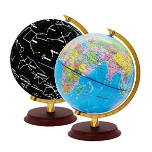 EXERZ 20cm Globe Lumineux - Carte en Anglais - Globe Terrestre en Bois - Carte Politique (Jour) - Etoiles et Constellations (Nuit) - Lampe LED - Amusant et éducatif (Exerz, neuf)