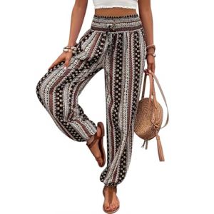 Minetom Pantalon Sarouel Femme Boho Sport Taille Haute Bouffant Pants pour Pilate Hippie Yoga Fitness Danse Pyjama Ete Plage B Marron XL (B.W.S KIT, neuf)