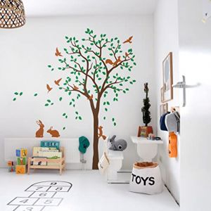 Sticker mural grand arbre avec oiseaux, écureuils, lapins et lapines Décoration murale de chambre d'enfant 095 (Marron, Vert Clair, Brun Noisette) (Studio Quee, neuf)