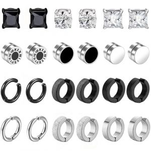 12 Paires Boucles d’oreilles Magnétiques pour Homme Femme Acier Inoxydable Boucles d’oreilles Sans Trou Faux Piercing Oreille Magnétique Fausse Créoles Boucle d'oreilles Set Noir Argent (VALESAY store, neuf)