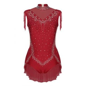 Oyolan Enfant Fille Justaucorps de Gymnastique sans Manches Leotard Danse Justaucorps Franges Strass Tenue Patinage Artistique Costume Spectacle Bourgogne 9-10 ans (Oyolan EU, neuf)