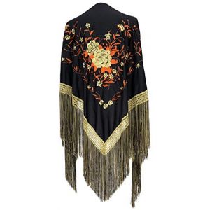 La Senorita Foulard Ceinture Chale De Danse Flamenco Broderie Frange d 'or, noir d 'or orange Grande (Robe Espagnole, neuf)
