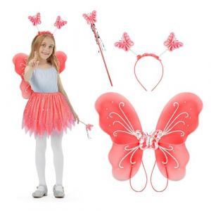 Alaoo Ensemble de Deguisement Fee, 3 Pi&egrave;ces Deguisement Fille -Ailes, Baguette, D&eacute;guisements de f&eacute;e Papillon Ailes de Fee Enfant D&eacute;guisements Princesse pour Enfant Fille Cosplay Carnaval Party,Rouge (Alaoo, neuf)