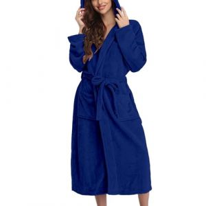 Peignoir à capuche en tissu éponge pour femme - Long et moelleux - Léger - Grandes tailles - Peignoir kimono à capuche - Confortable et doux - Combinaison de loisirs, bleu foncé, XXXL (Jia jia store, neuf)