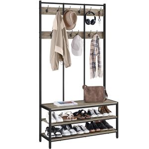 Yaheetech Grand Portemanteau, Meuble d'entr&eacute;e avec 2 &Eacute;tag&egrave;res et Banc &agrave; Chaussures, 12 Crochets Double, Vestiaire avec Grand Espace de Rangement pour Salon Chambre Industrielle 100&times;35&times;185cm, Gris (Yahee365, neuf)