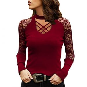 Haut Dentelle Femme Col V Ajour&eacute;, T Shirt &agrave; Manches Longues Femme Grande Taille,Tunique Chic Et Elegant Slim Fit &Eacute;Paules D&eacute;Nud&eacute;Es Y2K Top D&eacute;Contract&eacute; Moulant pour F&ecirc;Te Soir&eacute;E Party Clubwear (LOSSLO(Livraison 5-14 jours), neuf)