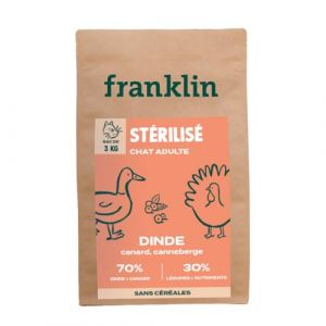 FRANKLIN – Croquettes Chat Stérilisé – Adulte – Gamme Carnivore – 70% de Dinde et de Canard – Riche en Protéines – Croquettes sans Céréales – Anti-Boule De Poil – Fermeture Intégrée – Taille 9mm – 3kg (Franklin Pet Food, neuf)