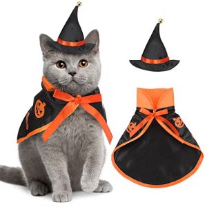 Costume d'halloween pour Chat Tenue de Sorci&egrave;re pour Animaux de Compagnie Cape de Chat et Chapeau de Sorcier pour Petits Moyens Chiens Costume de Cosplay Halloween (Orange, Noir, Citrouille) (SINYEA, neuf)