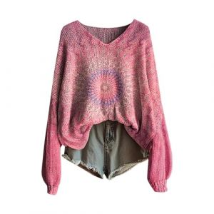 2025 Pull Femme Hiver Vintage Imprim&eacute; Floral Boh&egrave;me Pullover Tricot&eacute; Chic Col Rond Manche Longue Sweater Motif Jacquard Tunique Grande Taille Casual Vetement 2025 Femme Confortable (Anglekie, neuf)