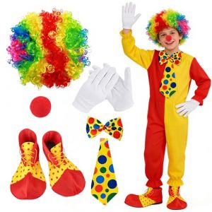 CUVZORA Ensemble de Costume de Clown - 6 Pi&egrave;ces Inclus Perruque Arc-en-Ciel, Nez, N&oelig;ud Papillon, Ti et Chaussures - Accessoires Id&eacute;aux pour F&ecirc;tes de Clowns, Costumes de Cirque pour Enfants, Femmes (ISTVANGA Kft., neuf)