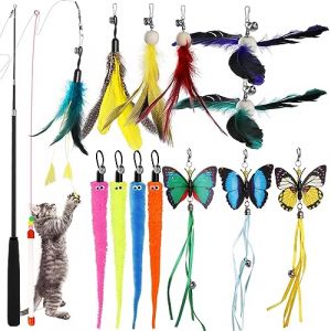Geepen 16 Pièces Jouets à Plumes pour Chats, Jouet Interactif pour Chat avec Baguette Rétractable et Plumeau de Remplacement avec Cloche Jouet Perche Télescopique pour l'intérieur Chats et Chatons (huixinjiapin-store, neuf)