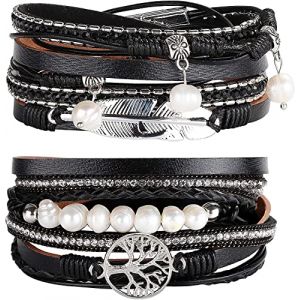 Adramata 2 Pcs Boho Bracelet Manchette Femme Fille Cuir Boh&egrave;me Multicouche Arbre de Vie Bracelets Zen Femme Boucle Magn&eacute;tique Bracelet Bijoux pour M&egrave;re Amis Bracelet Fermoir Magn&eacute;tique (jjccui, neuf)