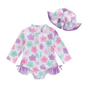 Maillot de Bain Nouveau-né Bébé Fille 1 Pièce Body Combinaion Manches Longues Anti-UV Costume de Bain Natation et Chapeau de Soleil (Violet Fleurs, 18-24 Months) (qiyuesheng, neuf)