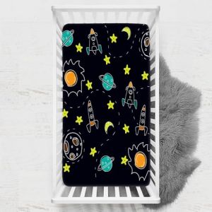 Odot Drap Housse pour Lit de Bébé, Impression de Ciel étoilé Draps Housses Enfants Respirant Douce Extensible Protège Matelas pour Lit Bébé, Berceau, Lit Parapluie (65x95 cm,noir) (Odot, neuf)