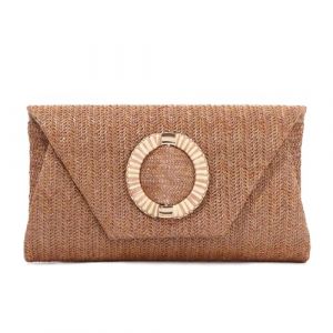 BWBIKE Sac à Main Pochette Tissé en Raphia pour Femme - Élégant Sac à Bandoulière en Paille pour l’été, la Plage, les Mariages et les Fêtes Formelles, Sac à Main Enveloppe Avec Chaîne Amovible,Marron (Bowen EU, neuf)