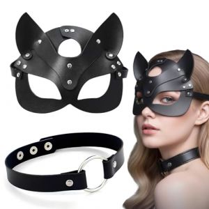 LEPZUR Ensemble Masque Catwoman Et Tour De Cou Masque Sexy Cat Woman Masque Chat Cosplay Pu Masque De Chat En Cuir Masque De Mascarade Demi-Masque Pour Halloween Carnaval Cosplay Noir (GloriseGO, neuf)