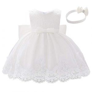 Lito Angels Robe Demoiselle d'honneur avec Bandeau pour Bebe Fille, Robe en Dentelle pour Ceremonie Mariage Bapteme, Taille 12-18 Mois, Blanc (Lito Angels FR, neuf)