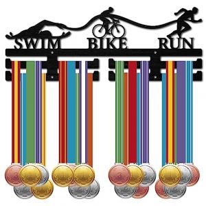 CREATCABIN Triathlon Médaille Cintre Affichage Sport Médaille Tituire Bois Compétition Tenture Murale Rack Cadre Crochet Affichage Natation Vélo Courir pour Maison Badge 2 Lignes sur 20 Médailles (CREATCABIN FR, neuf)