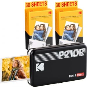 KODAK Pack Mini Imprimante P210 Retro 2 + Cartouche et Papier pour 60 Photos - Imprimante Connectée Bluetooth - Photos Format CB 5,3 x 8,6 cm - Batterie Lithium - Sublimation Thermique 4Pass (KLSCC, neuf)