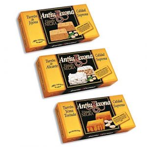 Beaucoup de tourons Antiu Xixona vari&eacute;s [D&eacute;gustation sp&eacute;ciale des turron espagnol les plus populaires] : Turr&oacute;n de Jijona (mou), Turr&oacute;n de Alicante (dur) Turr&oacute;n de Yema Tostada, formats 250g (turronesydulces, neuf)