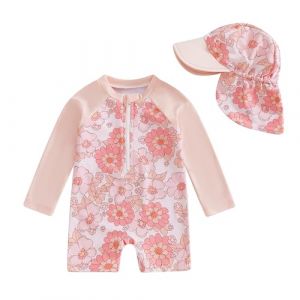 Carolilly Maillot de Bain Une Pi&egrave;ce Enfant B&eacute;b&eacute; Fille Zipp&eacute; &agrave; Manches Longue Anti-UV avec Chapeau (Rose Clair, 6-12 Months) (La Vie Brillante, neuf)