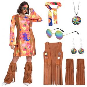 Ulikey Deguisement Hippie Femme, Deguisement Annee 70 Costume Hippie Femme Robe Hippie Chic avec Couvre Bottes à Glands, Gilet à Franges, Collier, Lunettes pour Carnavals, Spectacles (Orange, XL) (HALOROMAN  ETRADE, neuf)