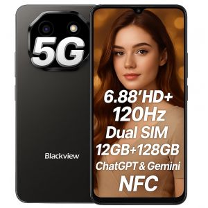 Blackview Smartphone Shark 6 5G avec IA, 12GO+128GO, &Eacute;cran 6.88" HD+ 120Hz, 3 Assistants IA Int&eacute;gr&eacute;s, Cam&eacute;ra 16MP+8MP, Batterie 5000mAh, Double SIM 5G, Android 15 T&eacute;l&eacute;phone D&eacute;bloqu&eacute;, GPS NFC, Noir (ANKITA TEXTILE LTD, neuf)