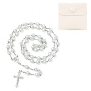LIULINY 1 Ensemble Chapelet Catholique, Chapelet Catholique pour Communion avec Croix R&eacute;tro, Pri&egrave;re Chr&eacute;tienne Perle Rosary, Pochette Cadeau en Velours, pour Bapt&ecirc;me, Communion, Mariage, F&ecirc;te (Blanc) (LIULINK, neuf)