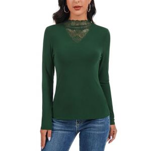 Woweny Femme Haut &agrave; Manches Longues avec Col Roul&eacute; en Dentelle, Chemisier &Eacute;l&eacute;gant &agrave; Col Montant, Sous-Pull &agrave; Col Roul&eacute;, Top Stretch &agrave; Manches Longues, Slim Fit, vert, S (EU Creative Fashion, neuf)