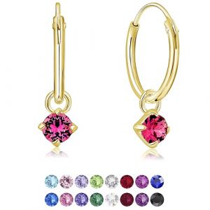 DTPsilver&reg; Boucles d'oreilles PETITES Cr&eacute;oles en Argent Fin 925 Plaqu&eacute; Or Jaune avec petit Pendentif 3 mm Cristaux de Swarovski&reg; Elements Ronds - Diam&egrave;tre: 14 mm - Couleur: Ros&eacute; (DTPSilver, neuf)